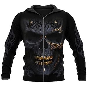 Heren sweatshirt met lange mouwen gotische gouden schedel hoofd print hoodies retro pullover hoodies T-shirt met rits, # 4, M