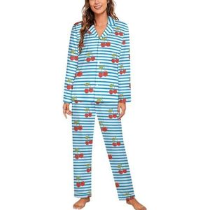 Kersen Patroon Met Blauwe Strepen Lange Mouwen Pyjama Sets Voor Vrouwen Klassieke Nachtkleding Nachtkleding Zachte Pjs Lounge Sets