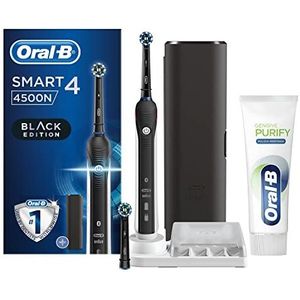 Oral-B Oplaadbare elektrische tandenborstel Smart 4 4500 CrossAction, zwart, 3 borstelmodi, 2 borstelkoppen, premium reisetui + tandpasta Oral-B tandvlees Purify dieptereiniging