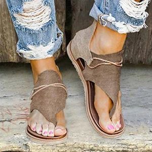 Dames comfortabele sandaal uitgesneden string sandalen, zomer strand sandalen T-band Romeinse open teen slipper slippers, vintage casual platte sandalen voor dame(Size:38 EU,Color:Bruin)