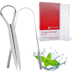 NEUMANN Tongreiniger, 100% roestvrij staal, met box, 2 stuks, voor volwassenen en kinderen, grote handgreep, tongschraper tegen slechte adem