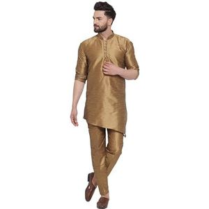 Lakkar Haveli Mannen Indiase traditionele Shirt Kurta Trail Cut Wedding Party Wear Big Tall Pyjama Pant Set Bruin Zijde, Bruin, 9X-Large Big Tall