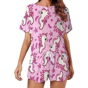 Roze zeepaardjes eenhoorn mode 2 stuks dames pyjama sets korte mouw nachtkleding zachte loungewear stijl-33