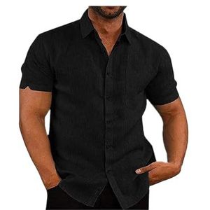 Katoenen Linnen Herenoverhemd, Korte Mouwen, Normale Pasvorm, Strand-casual Overhemd, Zomeroverhemden Met Zak(Noir,XXL)