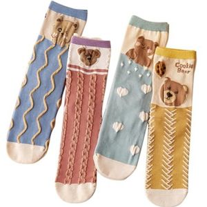yeeplant Katoenen beer 4 paar cartoon borduurwerk sokken gezellige zachte wicking crew voor vrouwen ademend, Meerkleurig, Eén Maat