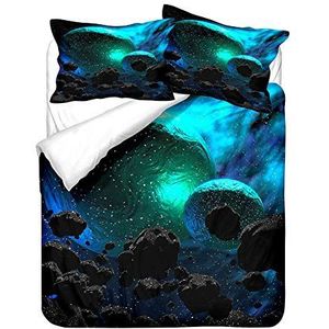 WENYA 3D Galaxy Beddengoed Set Universe Star Planet Paars Groen Oranje Blauw Dekbedovertrek en Kussenslopen Met Rits Tieners Jongen Meisje Microfiber (Stijl 2, Single 135x200 cm)