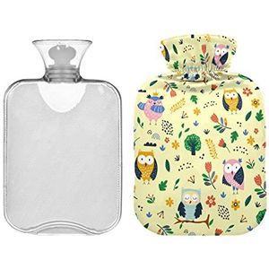 Kinderachtig Patroon Cartoon Uilen Bos Warm Water Fles met Cover 1L Warm Water Bag Warm/Koud Kompres Hals en Schouder Pijnbestrijding