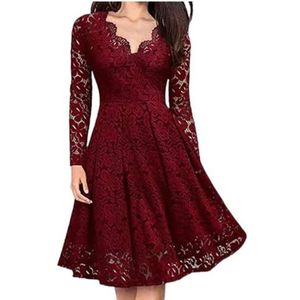 WEITING Cocktailjurk voor dames, lange mouwen, V-hals, kant, smal en elegant, rood, 3XL