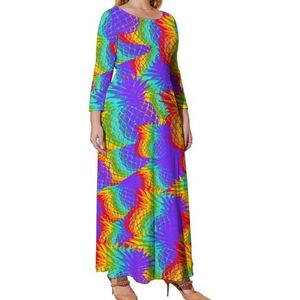 Regenboog Ananas Grafische Plus Size Jurk Voor Vrouwen Casual Lange Mouwen Maxi Jurken