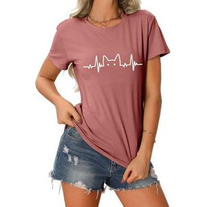 Kat Elektrocardiogram Print Vrouwen Shirts Crewneck Korte Mouw Casual Trendy Tees Harajuku Losse Trui T-shirt Tops, Rose Goud 2, L