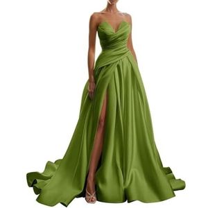 BRIGOW Satijn Strapless Trouwjurken voor Vrouwen met Split Formele Avondjurk voor Bruiloft Gast Plus Size, Olijfgroen, 32