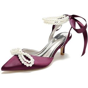 EICOFF Vrouwen Kitten Hakken Trouwschoenen Gesloten Teen Slingback Pumps Dames Parels Enkelband Bruiloft Bruids Jurk Party Prom Schoenen,Burgundy,36 EU