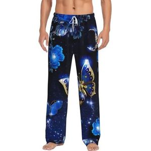 Blauwe Vlinder Mannen Lange Lounge Wear Broek Nachtkleding Pyjama Bodems Nachtkleding Met Zakken En Trekkoord, Wit, S