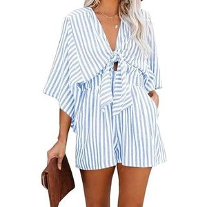 BANGHA Jumpsuits Voor Vrouwen Zomer Casual Zomer Taille Afslanken Gestreepte Jumpsuit Voor Vrouwen, Diepe V Uitlopende Mouw Driekwart Broek, Blauw, 3XL