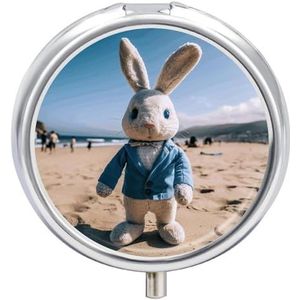 Strand Konijn Pillendoos 3 Compartiment Reizen Pil Organizer 3 keer per dag Leuke Mini Pil Case voor Portemonnee & Pocket Draagbare Metalen Medicijndoos met Spiegel Ronde Dagelijkse Medicijnen