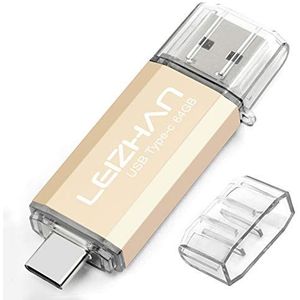 LEIZHAN USB Stick 64GB Type C 2-in-1 OTG Flash Drive Pen Drive voor type-c telefoon pc (64GB, Goud)