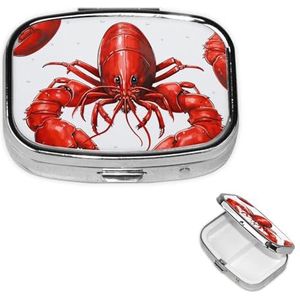 Vierkante Pillendoos Draagbare Metalen Pil Case 2 Compartiment Kleine Reizen Pil Organizer Rode Kreeft Print Vitaminen Houder Organizer voor Portemonnee Pocket