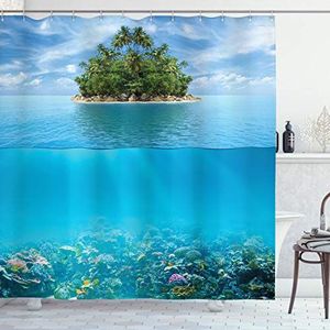 ABAKUHAUS Tropisch Douchegordijn, Klein Eiland in Ocean, stoffen badkamerdecoratieset met haakjes, 175 x 180 cm, Aqua Forest Green