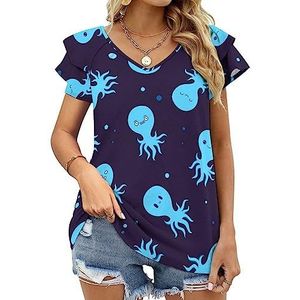 Grappige blauwe octopus dames casual tuniek tops ruches korte mouwen T-shirts V-hals blouse T-shirt