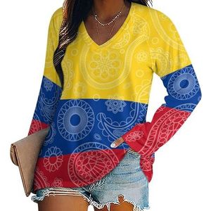 Colombiaanse paisley-vlag dames casual T-shirts met lange mouwen V-hals bedrukte grafische blouses T-shirt tops 5XL