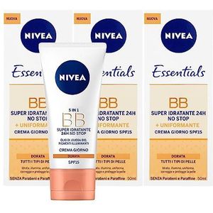 NIVEA Essentials BB Cream Gepigmenteerde dagcrème, super hydraterend, 24 uur, No Stop SPF 15, gelijkmatig, lichter met jojoba-olie en mineralen, gouden tint voor alle huidtypes, 3 flessen à 50 ml