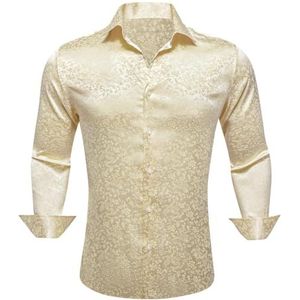SDFGH Mannen Zijde Satijn Lange Mouw Goud Gele Bloem Mannelijke Blouses Casual Revers Tops Ademend (Color : D, Size : XXL)