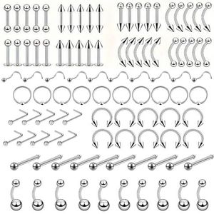 DOBRVVGT 80Pcs Chirurgisch Staal Body Piercing Sieraden Lot Bulk Neus Ring Tong Bar Veel Wenkbrauw Labret Piercing Set Hoefijzer Ring Veel Pack