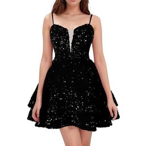 WSEYU Spaghetti Bandjes Homecoming Jurken Korte Sprankelende Pailletten Bruidsmeisje Afstuderen Cocktail Party Prom Gown ZM290, Zwart, 32