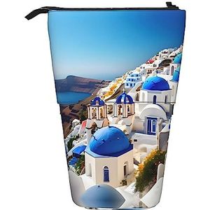 Nbtghga Santorini Grieks Eiland Zeezicht Print Potlood Telescopische Klassieke Kunst Stand Up Etui Organizer Potlood Houder Make-up Tas Gift, Zwart, Eén maat