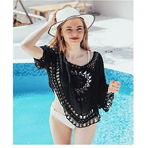 Cover Ups voor vrouwen strandkleding witte bikini cover up met franjes trim vrouwen sexy holle tuniek strandjurk zomer badpak strandkleding strandkleding voor vrouwen (kleur: CAA07A2C040AAF, maat: One