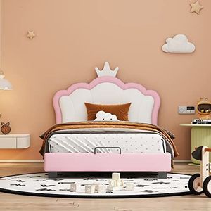Kinderbed, gestoffeerd bed, 90 x 200 cm, met lattenbodems en rugleuning, meisjesbed met kroonvorm, roze (matras niet inbegrepen) (90 x 200 cm)