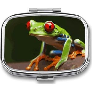 Pillendoos pillenhouder 2 compartimenten metalen pillenorganisator rode ogen boomkikkers schattige draagbare pillenhouder met grote capaciteit pillenhouder voor pillen vitamines geneeskunde