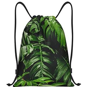 RVENU tropische groene bladeren Trekkoord Rugzak Sport Gym tassen Waterdichte Folding String Travel Rugzak, Zwart, Medium