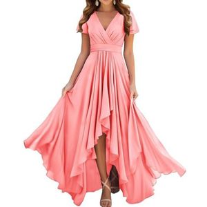 Prinses Bruidsmeisjes Jurken Flutter Mouw Galajurken Chiffon Formele Avondfeest Maxi Jurk met Split ZM209, Koraal, 32