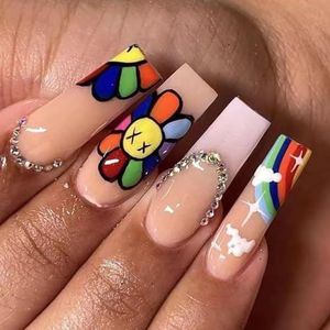 Coffin False Nails Sun Flower Rhinestone Press on Nails Long Fake Nails Rainbow Stick on Nails 24pcs for Women and Girls，With solid glue, nail lamp