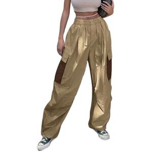 LoprNsdgt Dames Elastische Taille Cargo Broek Splicing Zakken Losse Joggingbroek Met Wijde Pijpen,Khaki,L