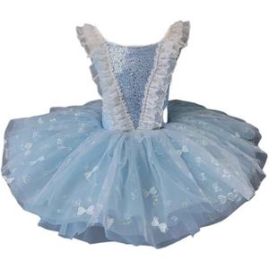 Meisjes balletjurk, kwastjes pannenkoek dansvoorstelling tutu jurk strass bloemen borduurwerk kant Little Dancewear zwaan V-hals spaghettibandjes ballerina kostuum,Blue 1,100