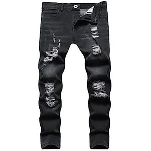 Heren Gescheurde Skinny Destroyed Rechte Flex Taille Jeans, Casual Regular Fit Sic Denim Broek(Noir,XXL)