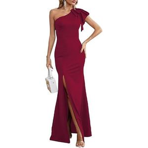Formele maxi-jurken for dames, maxi-jurken met één schouder en split for bruiloftsgasten(Burgundy,XL)