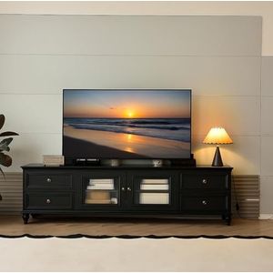 FGNIXLN Zwarte tv-kast, maat 180-240 cm, 4 laden en 2 vakken, grote opbergruimte voor woonkamer en slaapkamer, massief hout, vintage design (zwart, 240 cm)