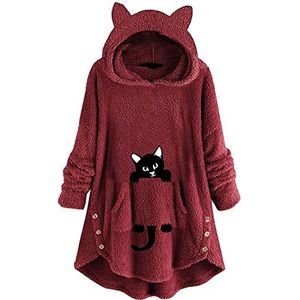 Ayhuang Damesjas mantel kattenoren hoodie pluche trui oversize capuchontrui mantel winter kat print lange mouwen gebreide jas sweater sweatshirt knoop zak, wijnrood, XL