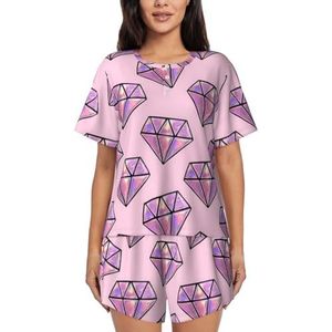 YJxoZH Roze Diamant Patroon Print Vrouwen Zomer Pyjama Sets Nachtkleding Dames Korte Mouw Nachtkleding Pjs Lounge Met Zakken, Zwart, XL