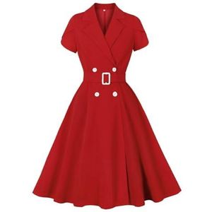 Pegsmio Elegante formele lange jurken voor vrouwen zomer inkeping kraag dubbele rij knopen vintage riem jurk, Rood, L