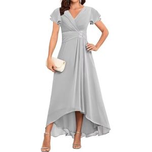 WSEYU Korte Mouw Moeder Van De Bruid Bruidegom Jurken Chiffon Kralen Formele Avond Grootmoeder Jurken Thee Lengte ZM203, Zilver, 32