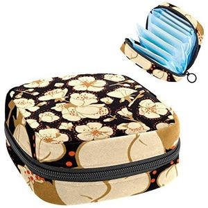 Grote Beige Bloem Patroon Print Periode Tas voor Tiener Meisjes Vrouwen Dame, Maandverband Opbergtas met Rits Nylon Draagbare Opslag Menstruatie Pad Tas