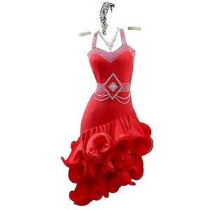 Yhwacyznm Professionele Latin Dance-jurken Hollow Tango Cha Cha danskleding voor dames Visgraatrok voor rumba Balzaalkleding Met strass,Rood,L