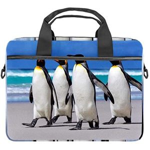 Oude Hout Groene Laptop Schouder Messenger Bag Crossbody Aktetas Messenger Sleeve voor 13 13.3 14.5 Inch Laptop Tablet Beschermen Tote Bag Case, Strand Penguin, 11x14.5x1.2in /28x36.8x3 cm