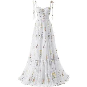 Dames Tule Galajurken Bloem Borduurwerk Avondfeest Jurken Prinses Baljurken Plus Size, 3-mouwloos Wit, 32
