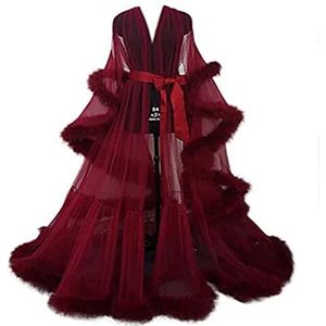 Vrouwen Sexy Zien Door Veer Gewaad Nachtjapon Bruids Gewaad Mesh Flare Mouwen Tulle Lotusblad Lange Badjas Jurk,7,M