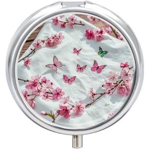 Pillendoosje 3 compartimenten medicijnpillenetui, aquarel kersenbloesem kleine pillenetui voor portemonnee en zak, draagbare pillenhouder, ronde pillenhouder, mini-pillenorganizer voor op reis of